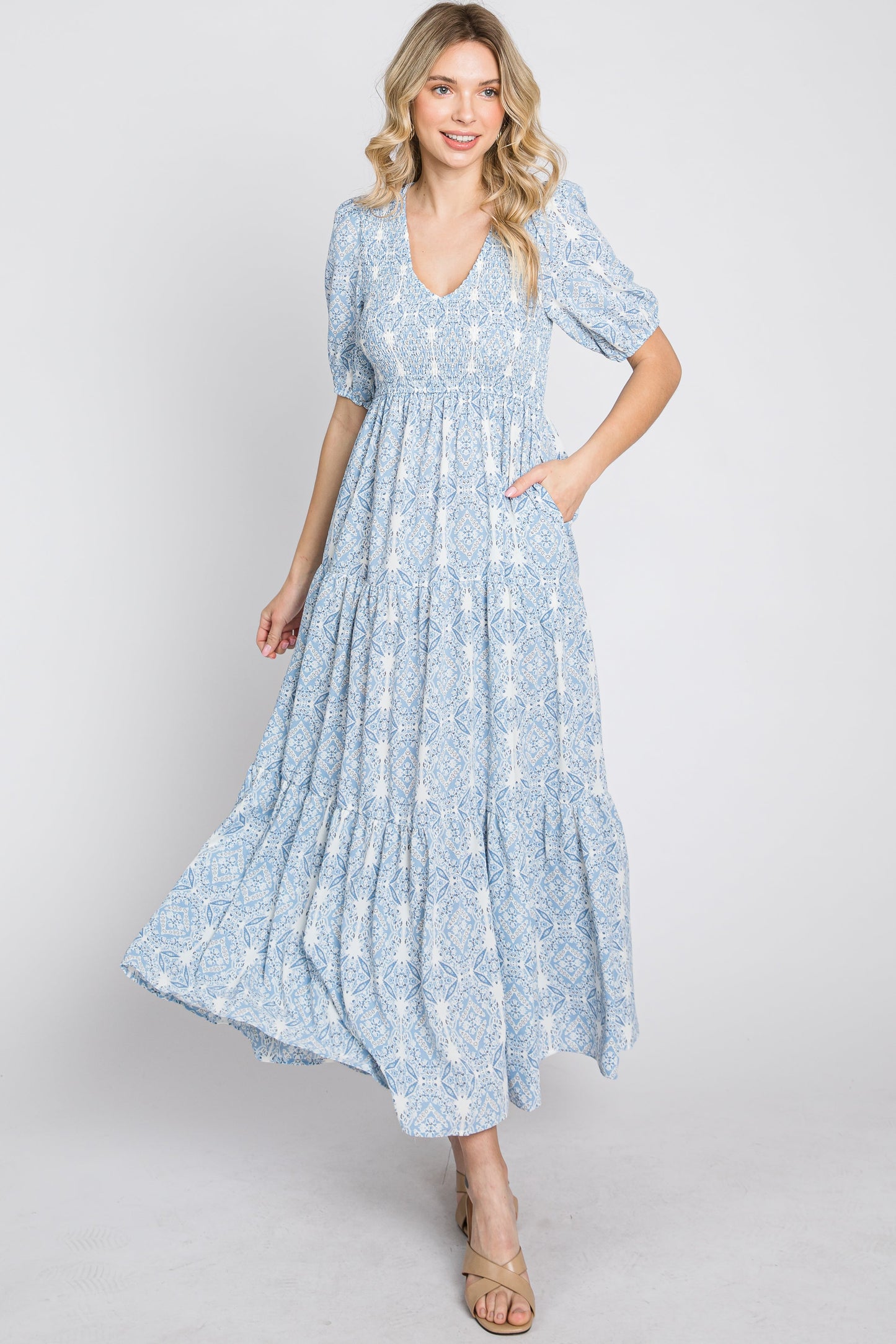 Blue Paisley Print Smocked Tiered Maxi Dress