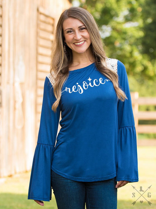 Rejoice on French Blue Longsleeve with Lace Accent and Bell Sleeves