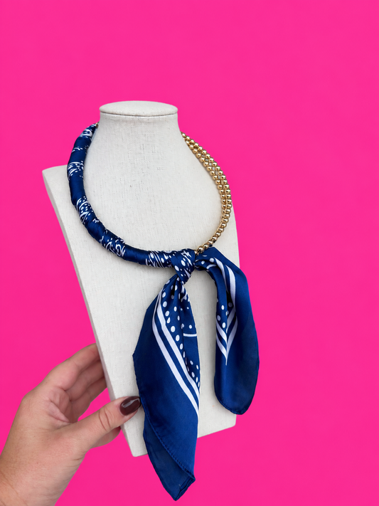 Scarf and Gold Bead Necklace - Navy and White