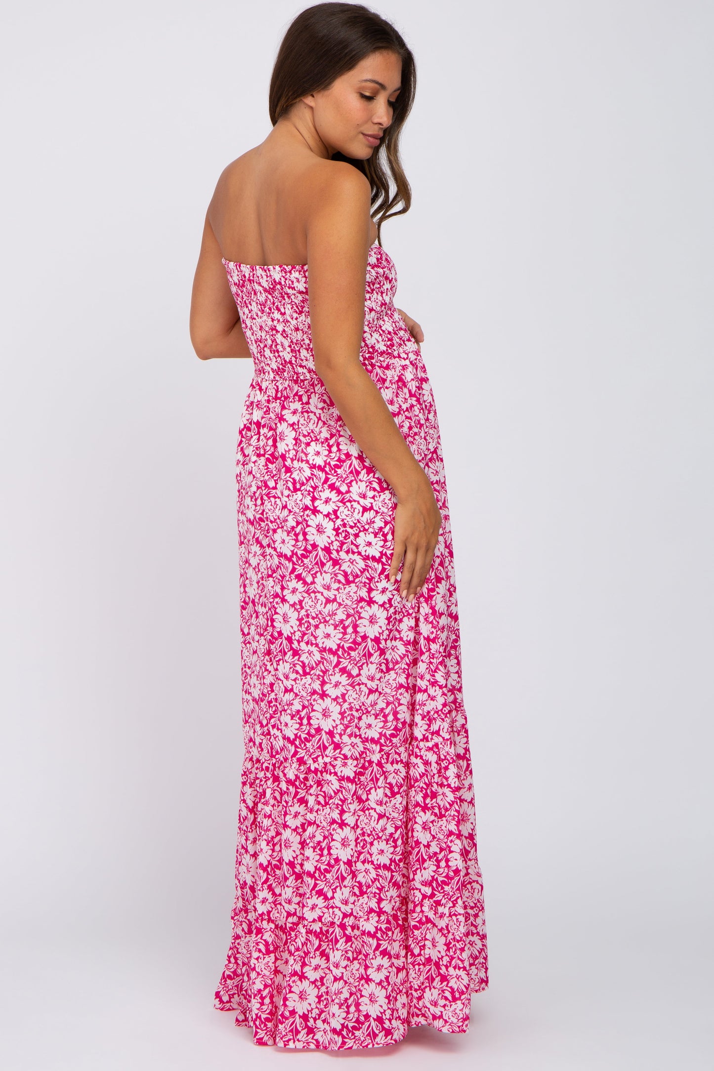 Magenta Floral Strapless Smocked Maternity Maxi Dress