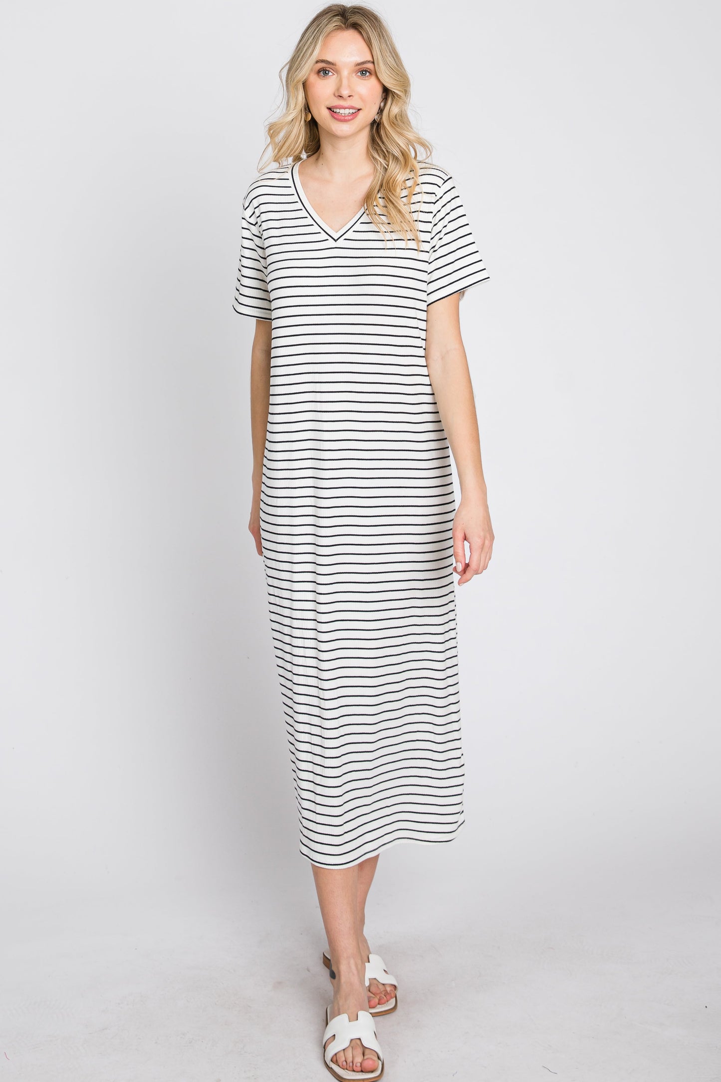 Ivory Striped Ribbed Midi Dress