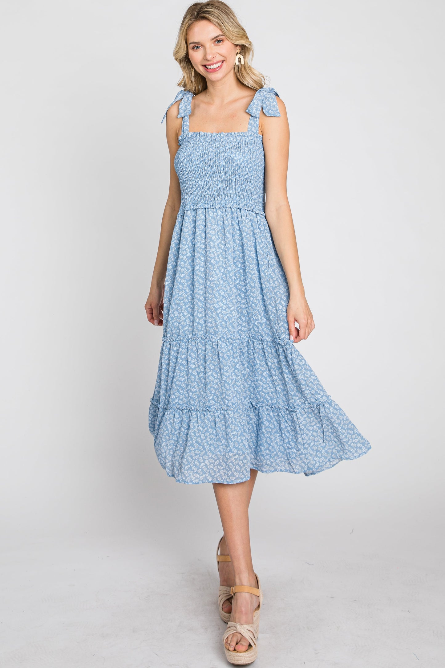 Blue Floral Sleeveless Smocked Tiered Midi Dress