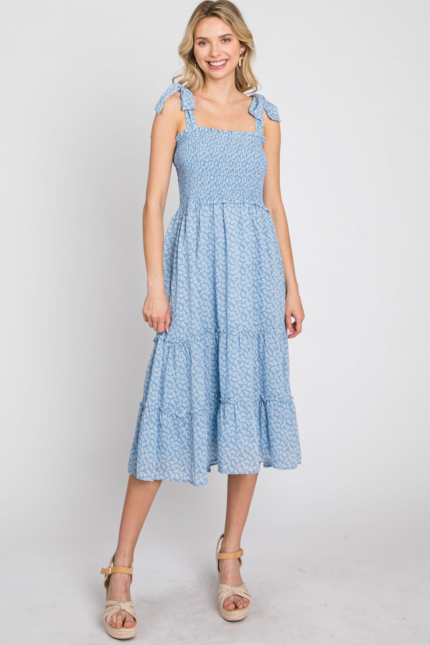 Blue Floral Sleeveless Smocked Tiered Midi Dress