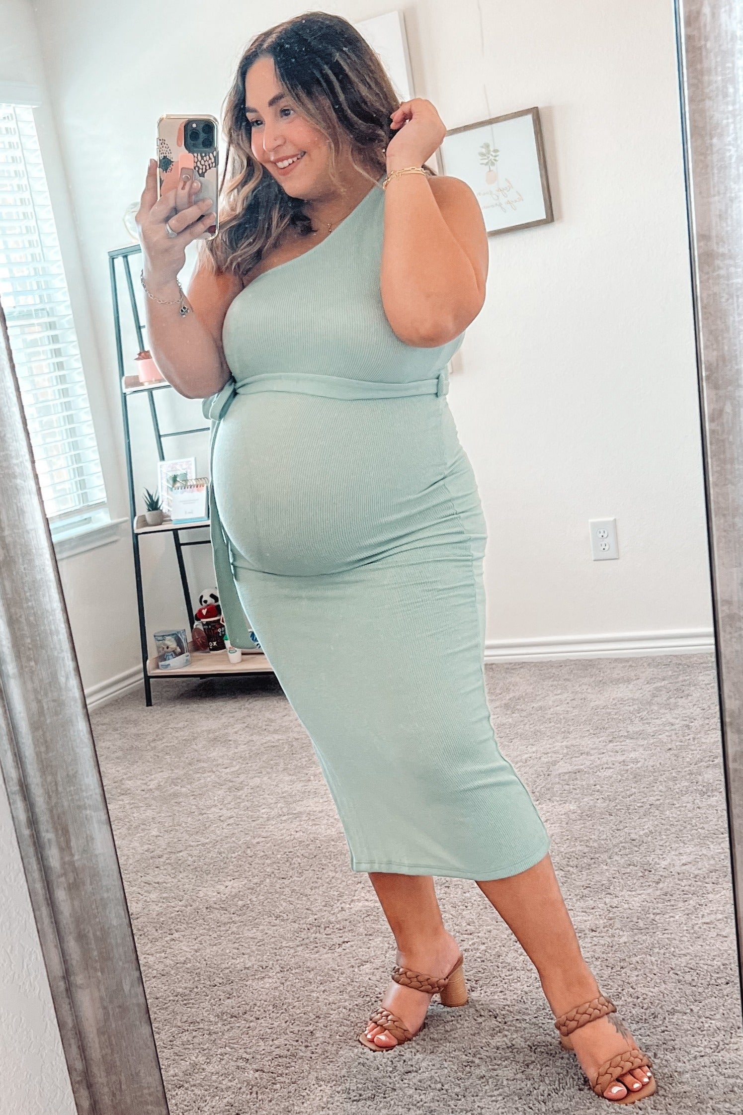 Mint Green Ribbed One Shoulder Side Slit Midi Dress XL Mint Green Ribbed One Shoulder Side Slit Midi Dress XL