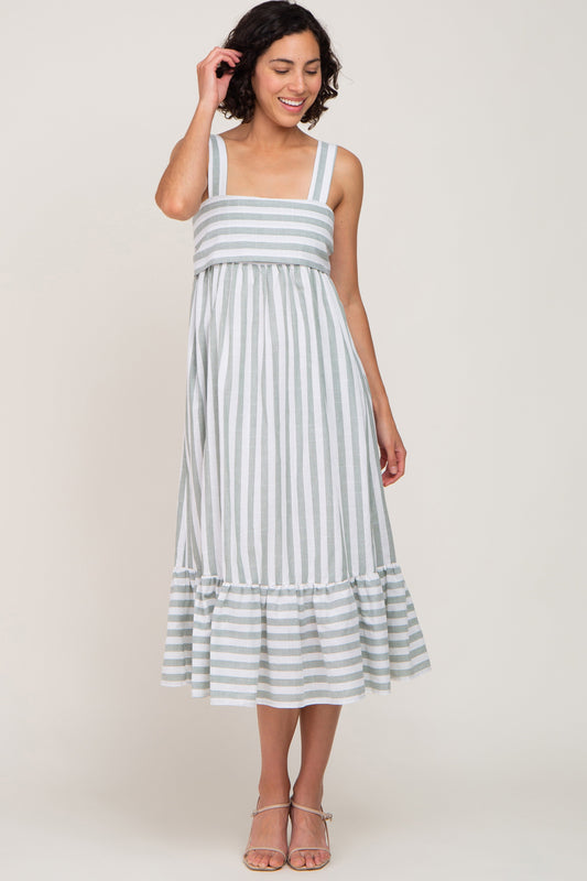 Sage Striped Sleeveless Ruffle Hem Maxi Dress