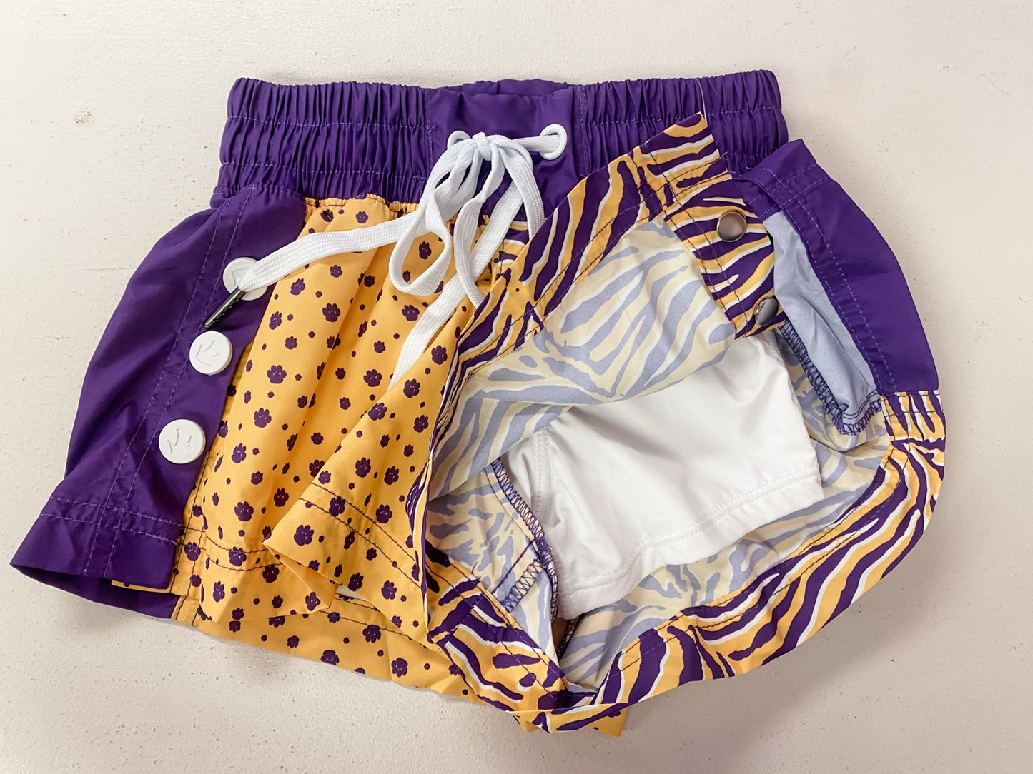 Azarhia Tigers Paws & Stripes Color Block Girls Shorts | Purple & Gold Game Day Athletic Shorts