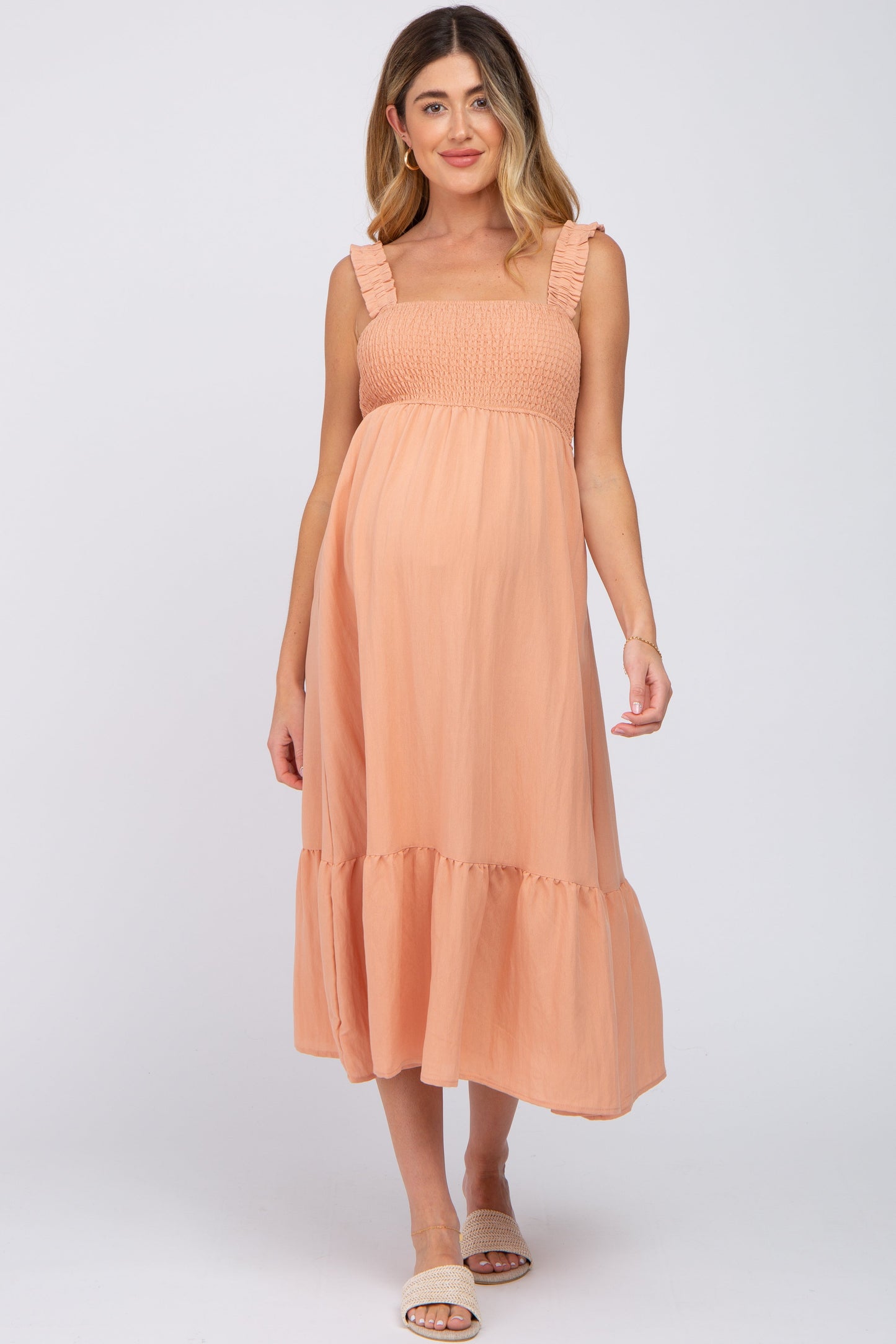 Peach Smocked Maternity Midi Dress