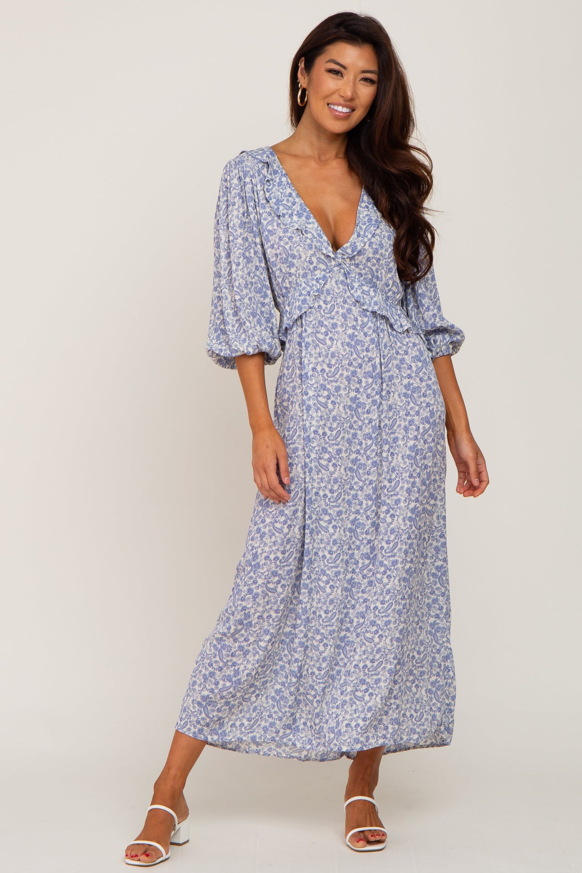 Blue Floral Ruffle V-Neck Maternity Midi Dress