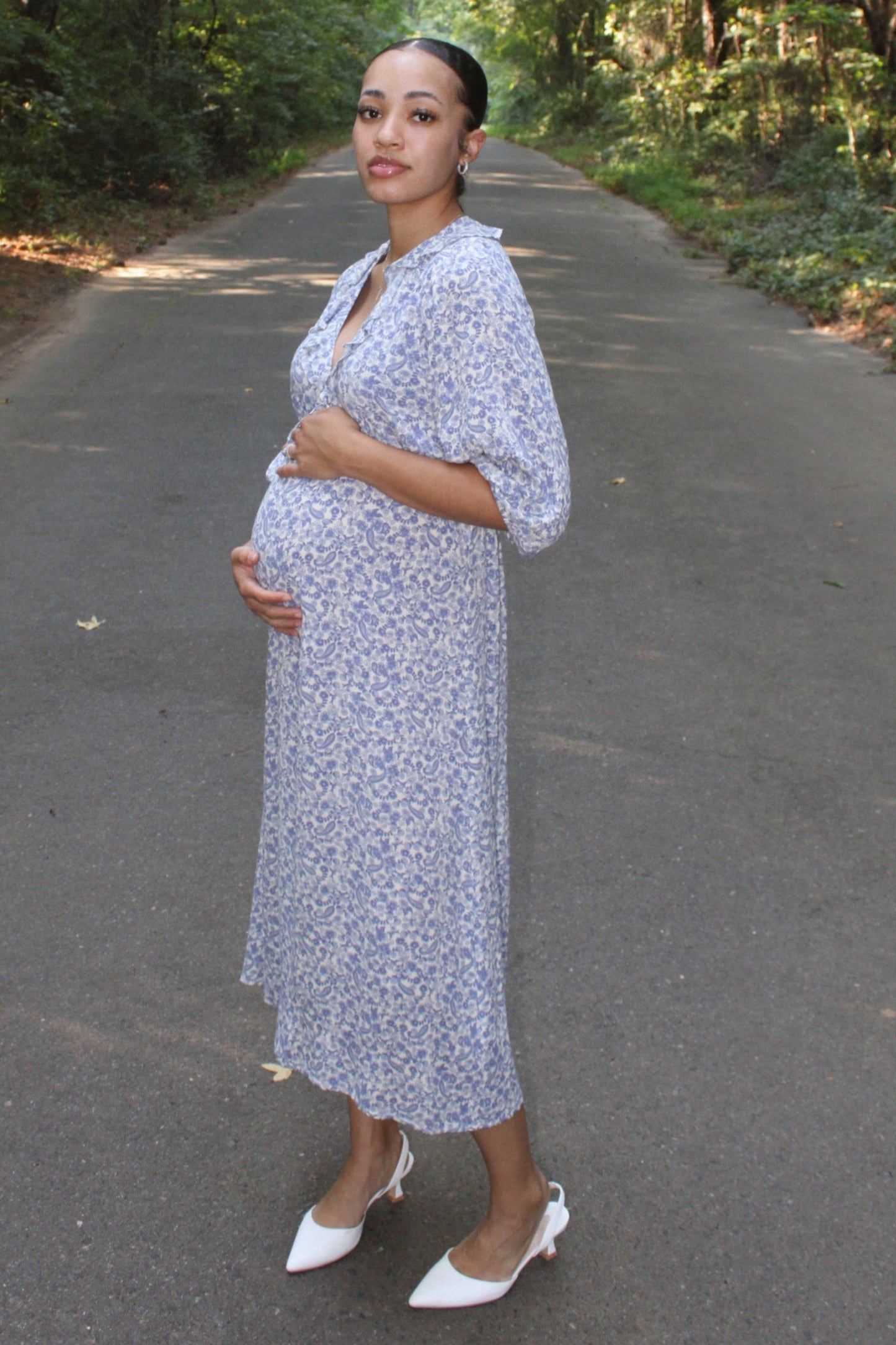 Blue Floral Ruffle V-Neck Maternity Midi Dress