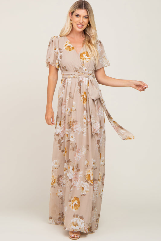 Taupe Floral Chiffon Wrap Short Sleeve Maxi Dress