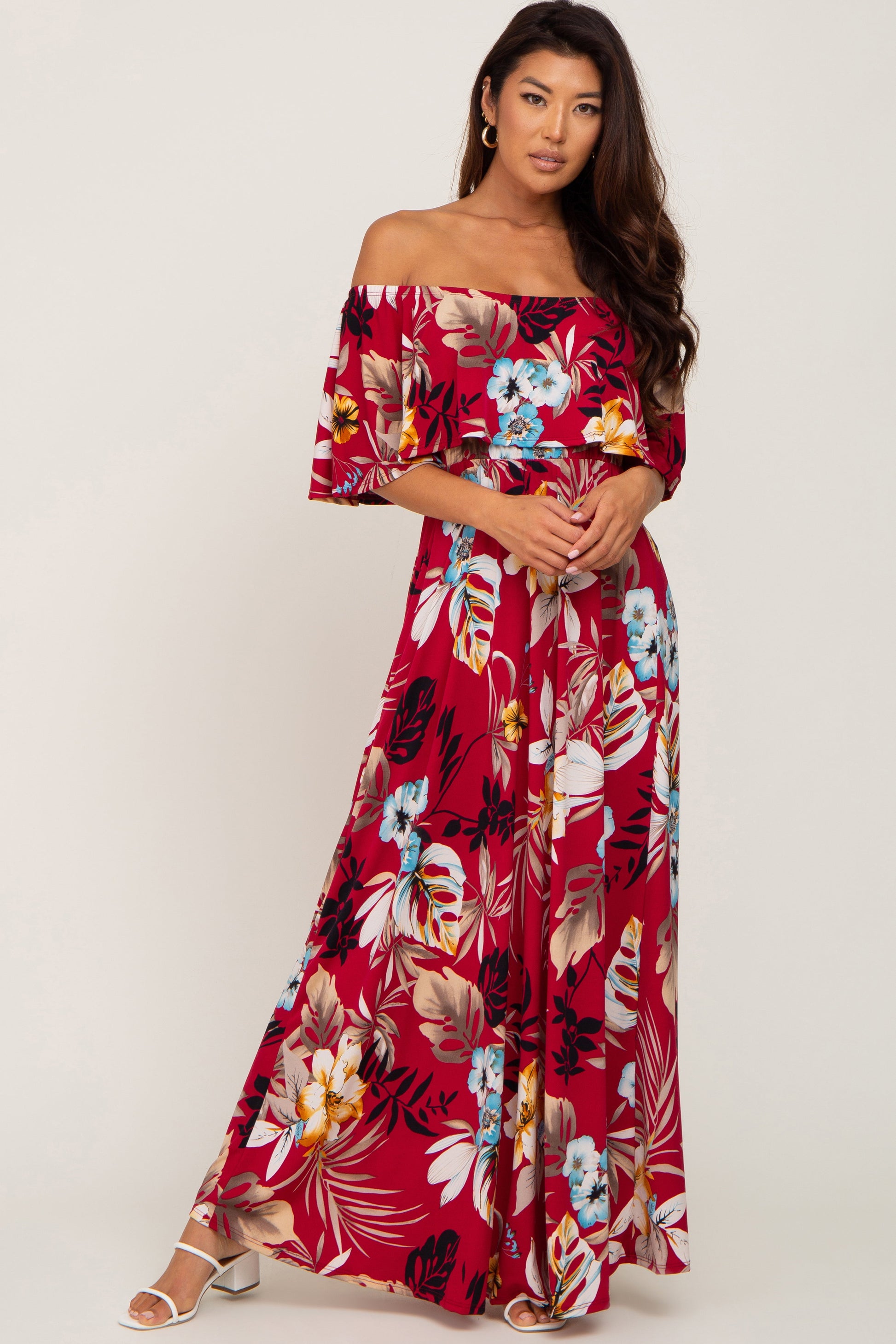 Burgundy Floral Flounce Off Shoulder Maternity Maxi Dress Small Burgundy Floral Flounce Off Shoulder Maternity Maxi Dress Small