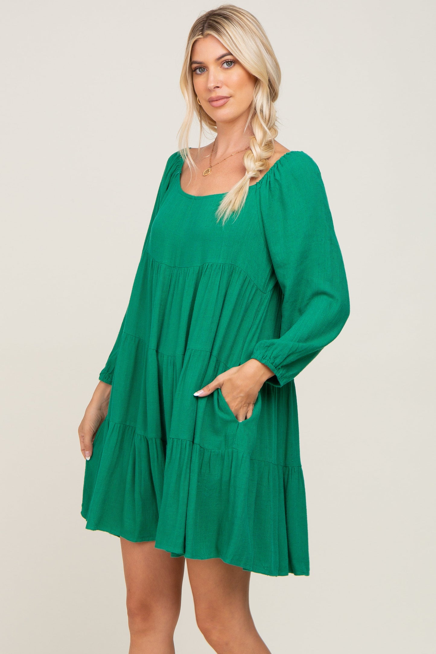 Green Tiered Long Sleeve Plus Dress