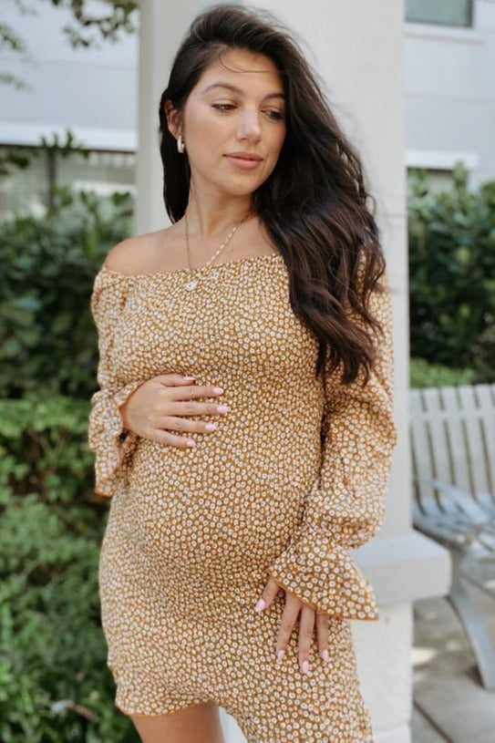 Yellow Ditsy Floral Smocked Long Sleeve Maternity Mini Dress The Prissy Pelican Yellow Ditsy Floral Smocked Long Sleeve Maternity Mini Dress The Prissy Pelican