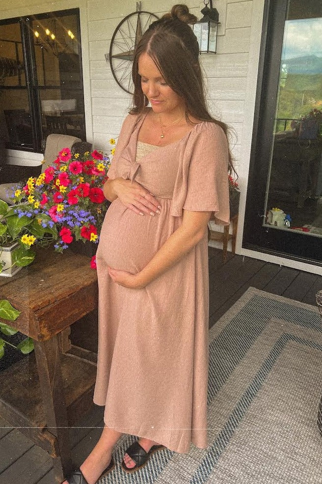 Mocha Front Tie Ruffle Sleeve Maternity Midi Dress