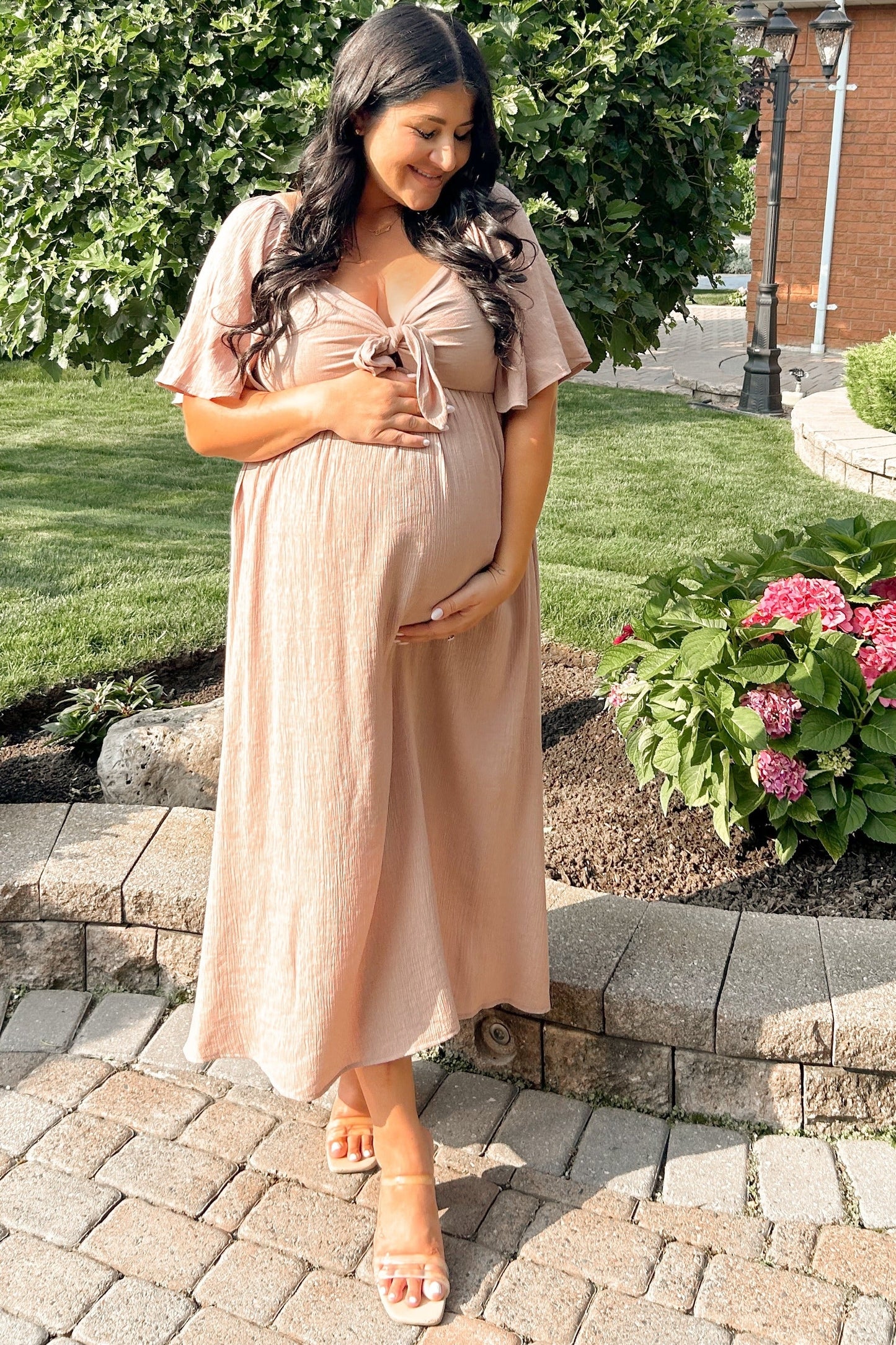 Mocha Front Tie Ruffle Sleeve Maternity Midi Dress