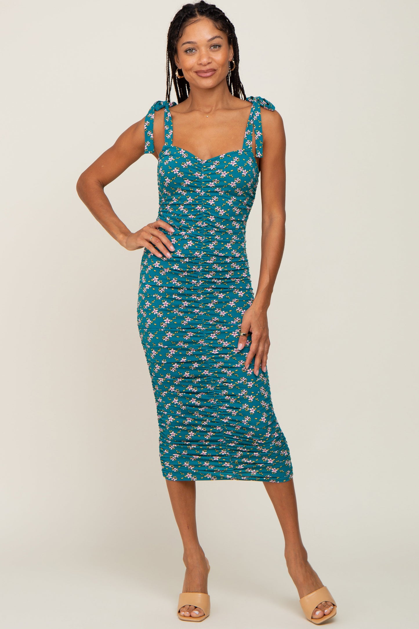 Teal Floral Ruched Shoulder Tie Dress