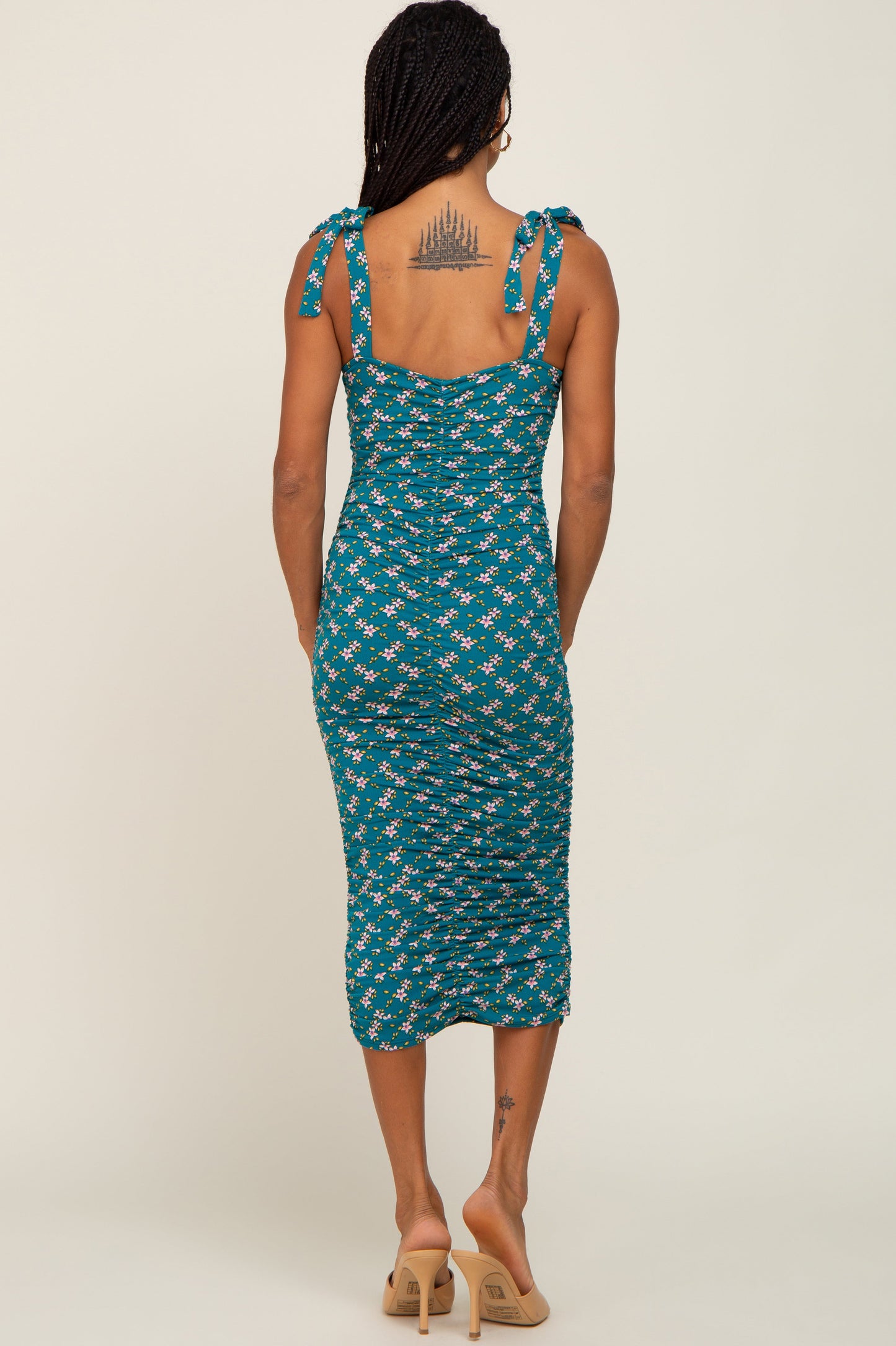 Teal Floral Ruched Shoulder Tie Dress