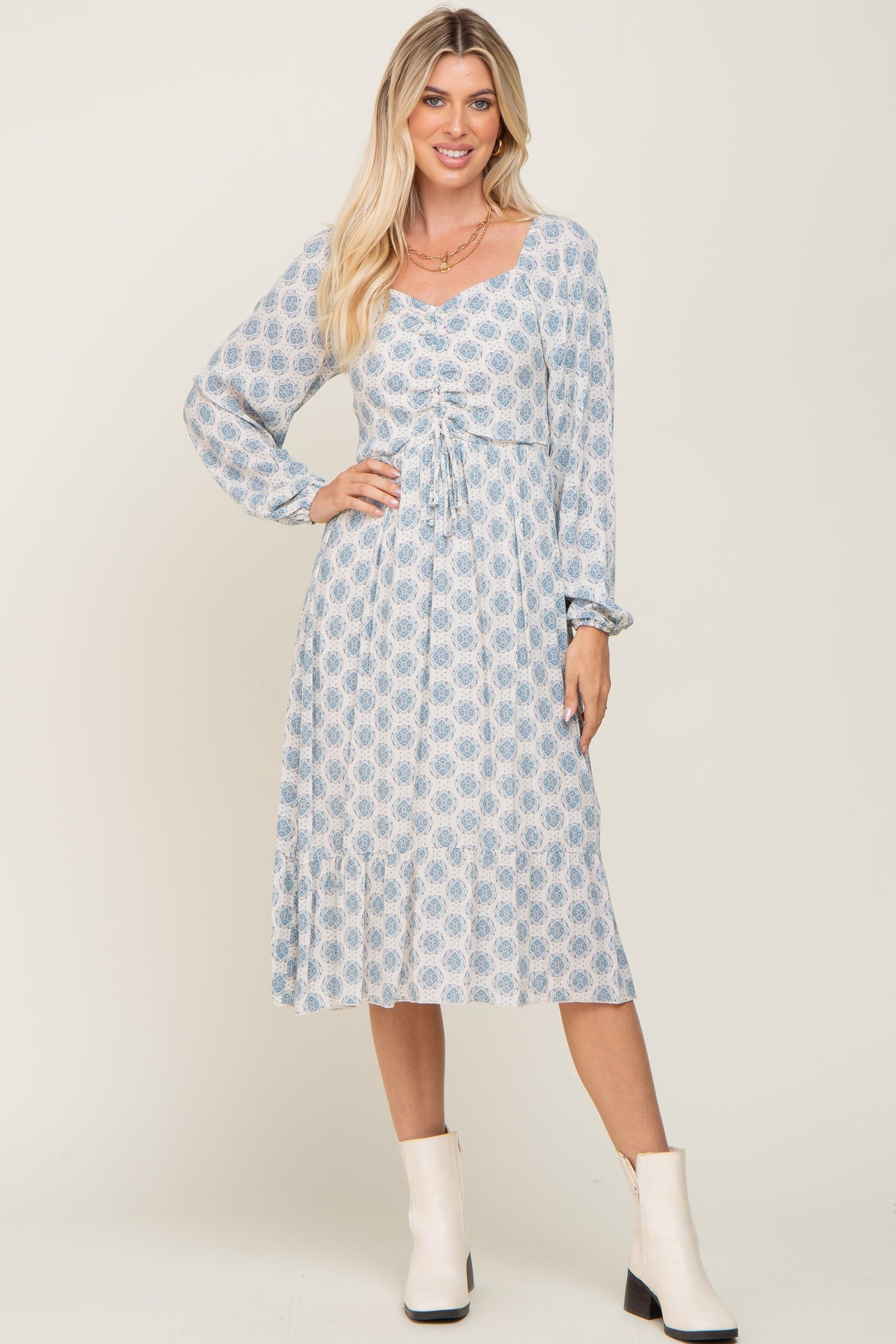 Blue Printed Cinched Maternity Midi Dress