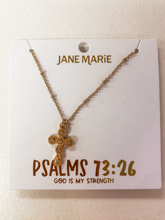 Ruth Bead Station Cross Necklace – Psalms 13:26 “God is my Strength” (16" + 3" Ext)