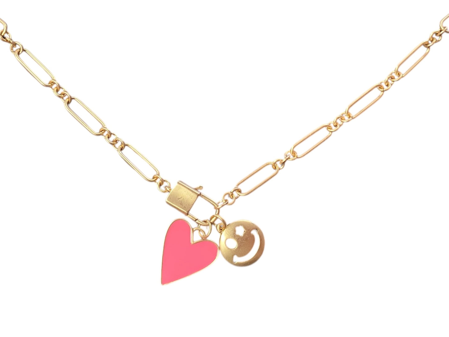 Kids 14" Gold Lobster Claw, Smiley Face and Pink Heart, Gold Hammered Necklace