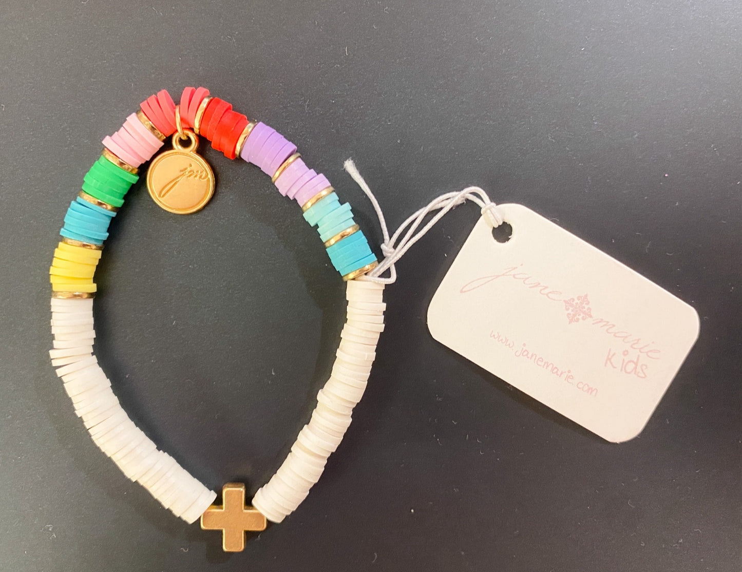 Jane Marie Kids Rainbow Cross Bracelet – Multicolor Heishi Bead Stretch Bracelet