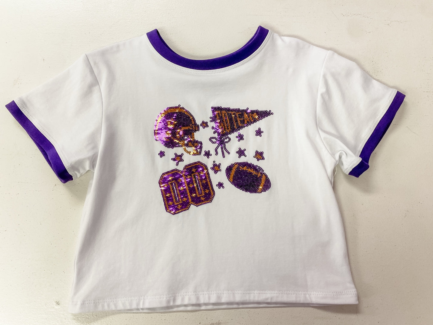 Azarhia Sequin Football Elements Boxy Tee | Purple & Gold Tigers Girls Game Day Shirt