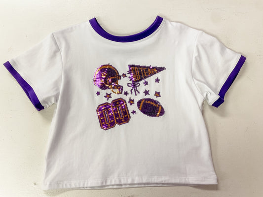 Azarhia Sequin Football Elements Boxy Tee | Purple & Gold Tigers Girls Game Day Shirt