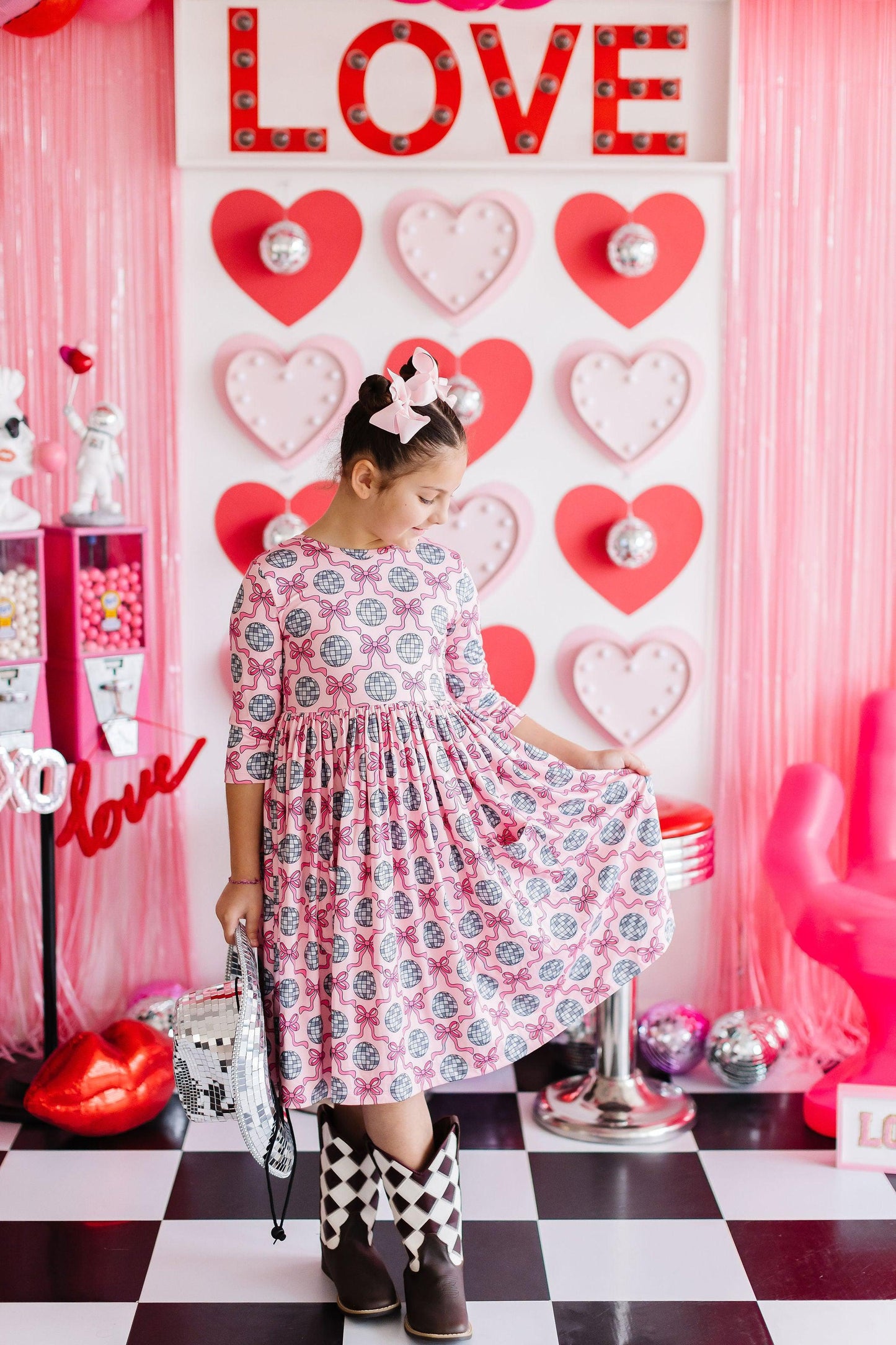 SALE Disco Bows 3/4 Sleeve Pocket Twirl Dress