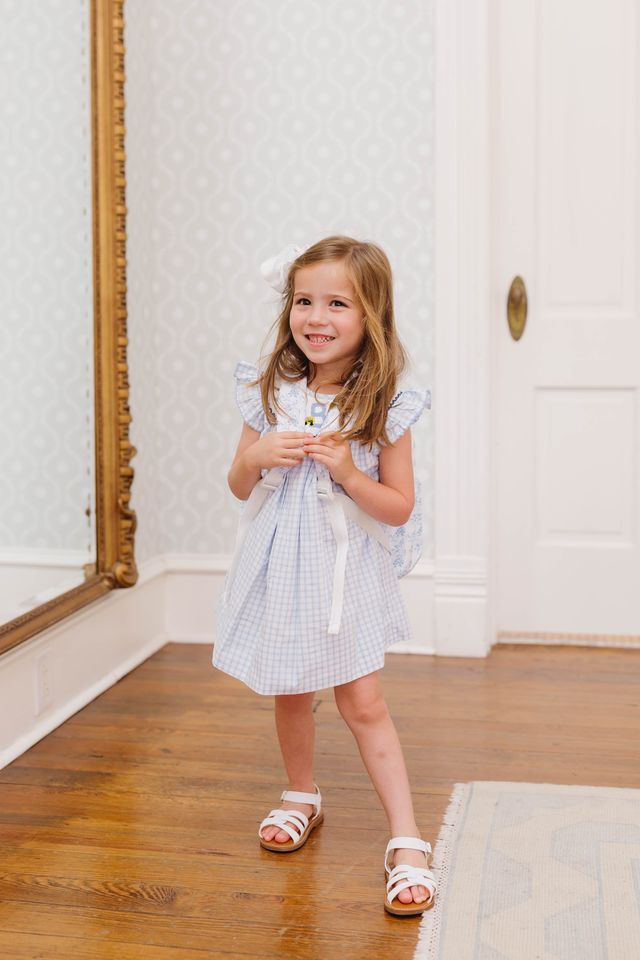 Girls ABC Smocked Dress – Light Blue Gingham Back-to-School Bishop Dress
