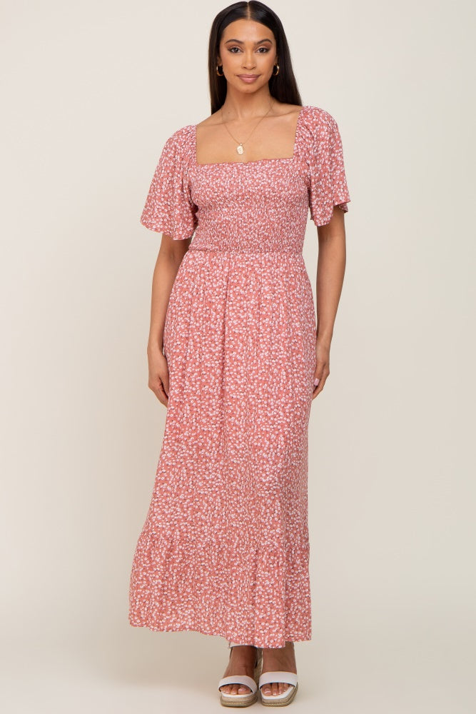 Mauve Floral Smocked Flounce Sleeve Maxi Dress