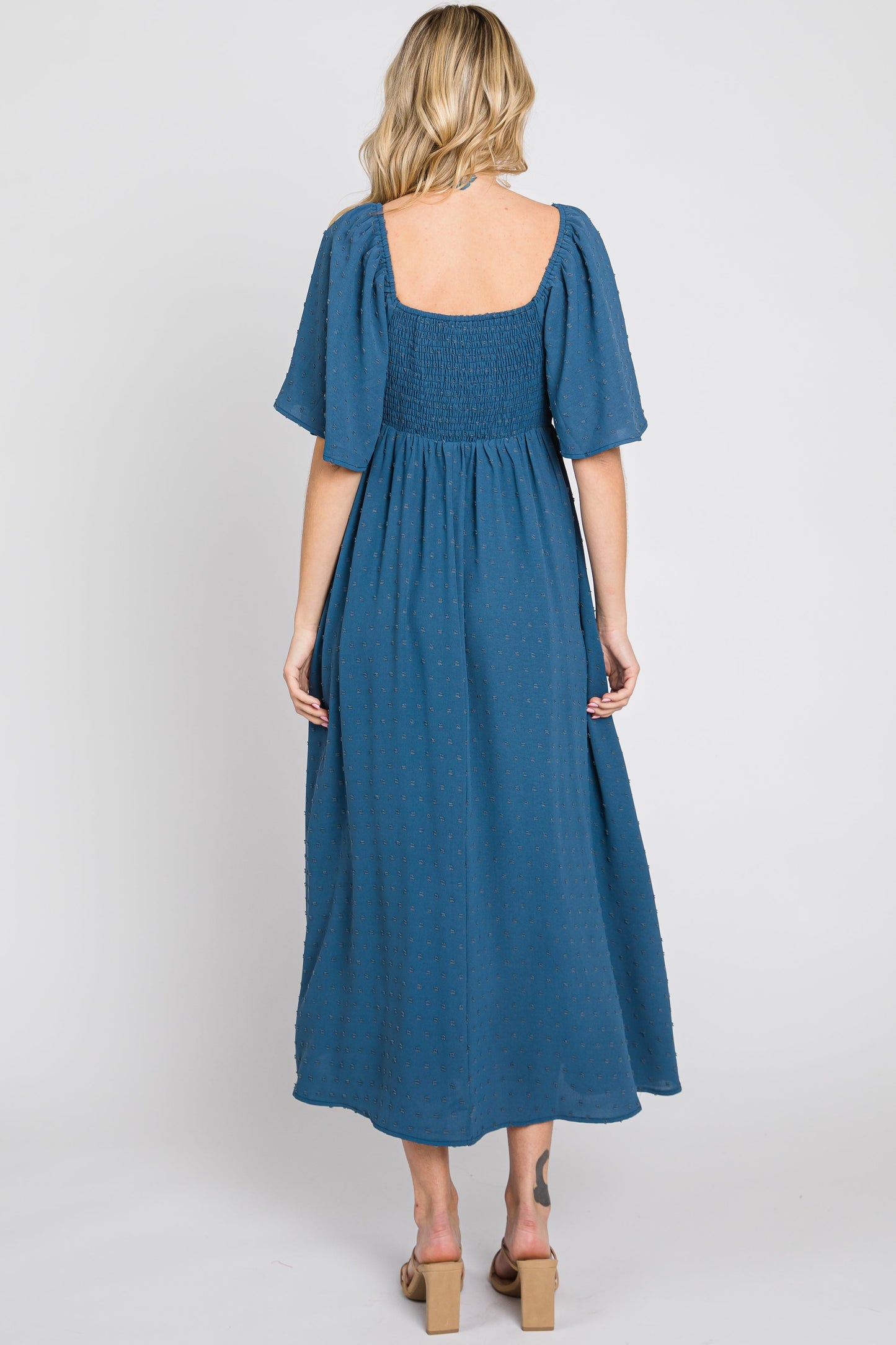 Navy Blue Textured Dot Front Tie Ruffle Sleeve Midi Dress