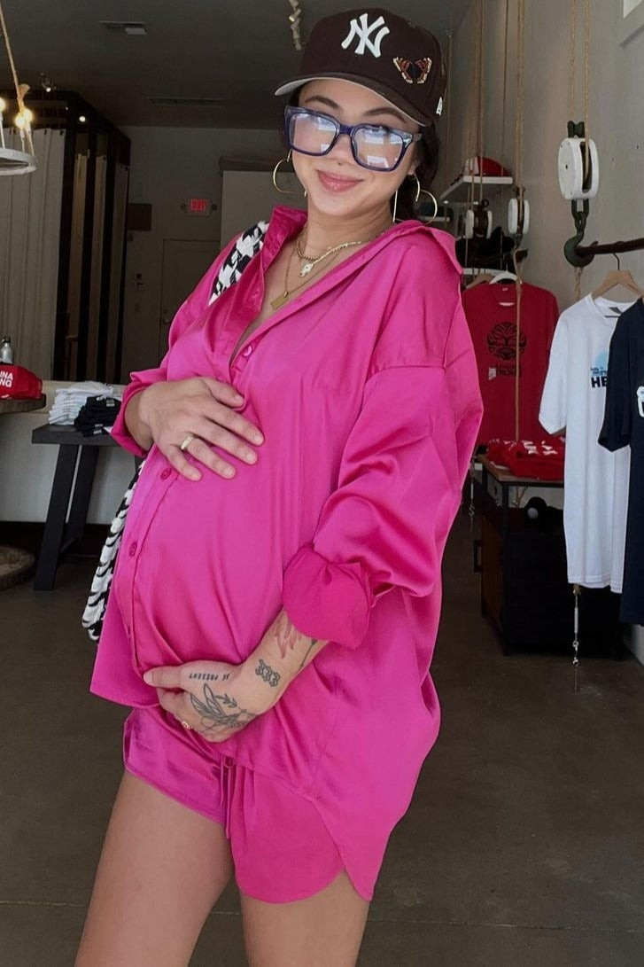 Fuchsia Button Up and Short Satin Maternity Set
