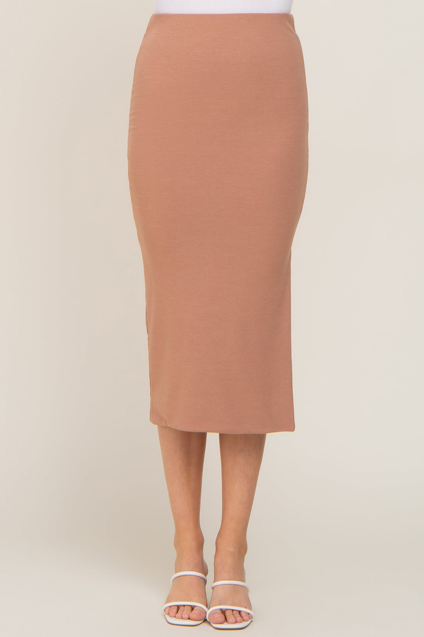 Mocha Ribbed Side Slit Midi Skirt