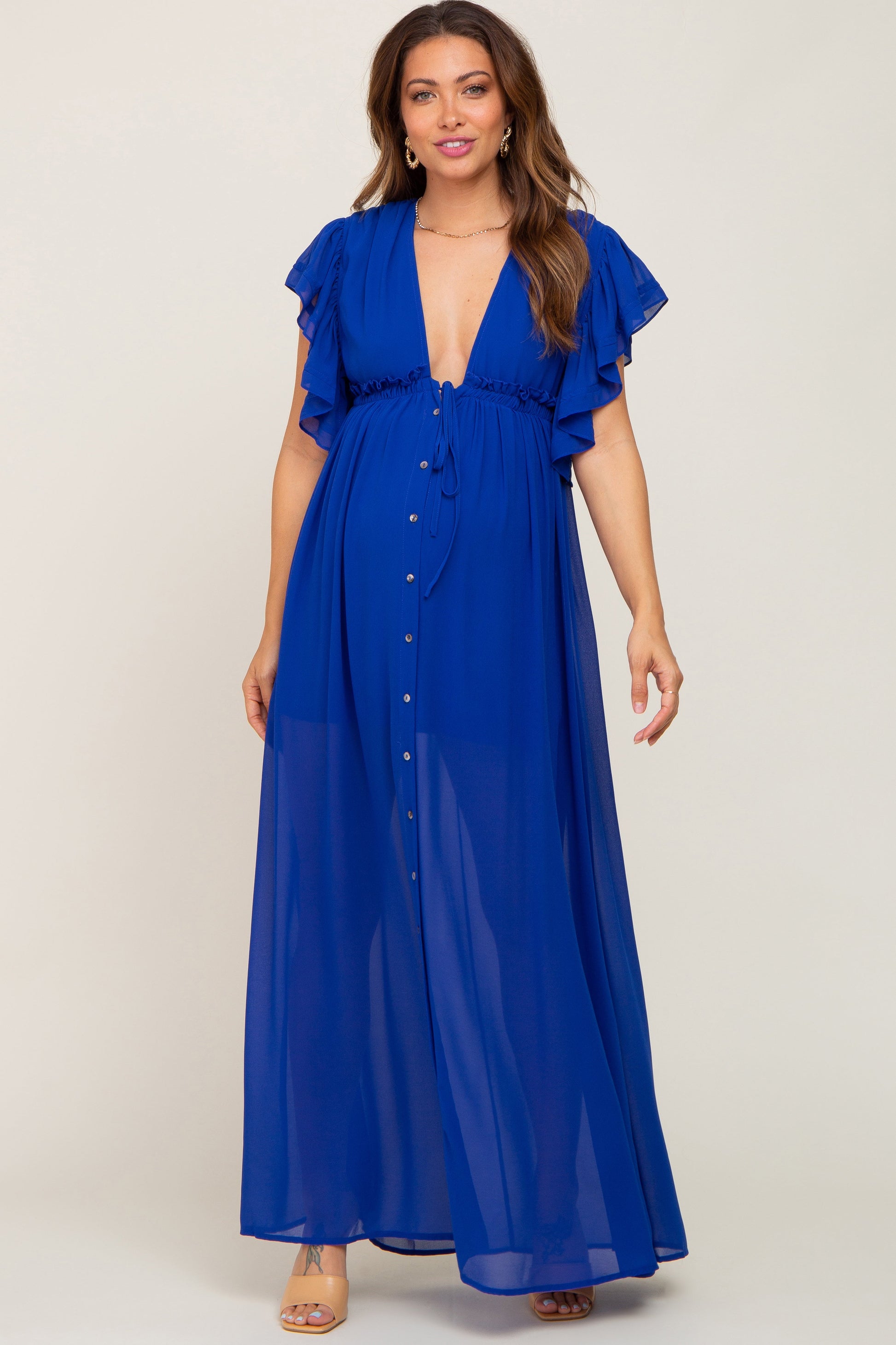 Royal Blue Flounce Button Front Maternity Maxi Dress The Prissy Pelican Royal Blue Flounce Button Front Maternity Maxi Dress The Prissy Pelican