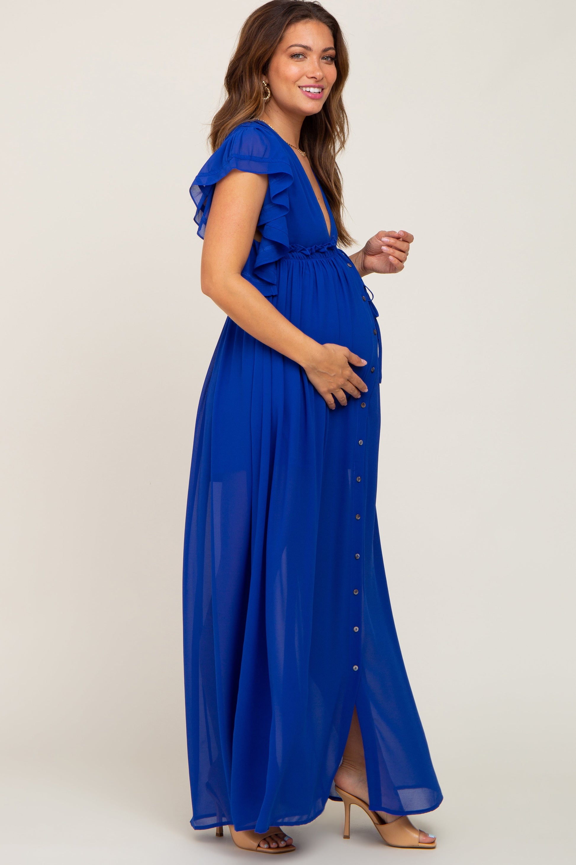 Royal Blue Flounce Button Front Maternity Maxi Dress The Prissy Pelican Royal Blue Flounce Button Front Maternity Maxi Dress The Prissy Pelican