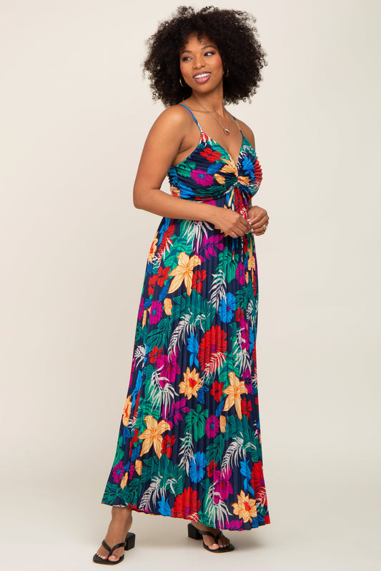 Black Tropical Floral Satin Pleated Maxi Dress