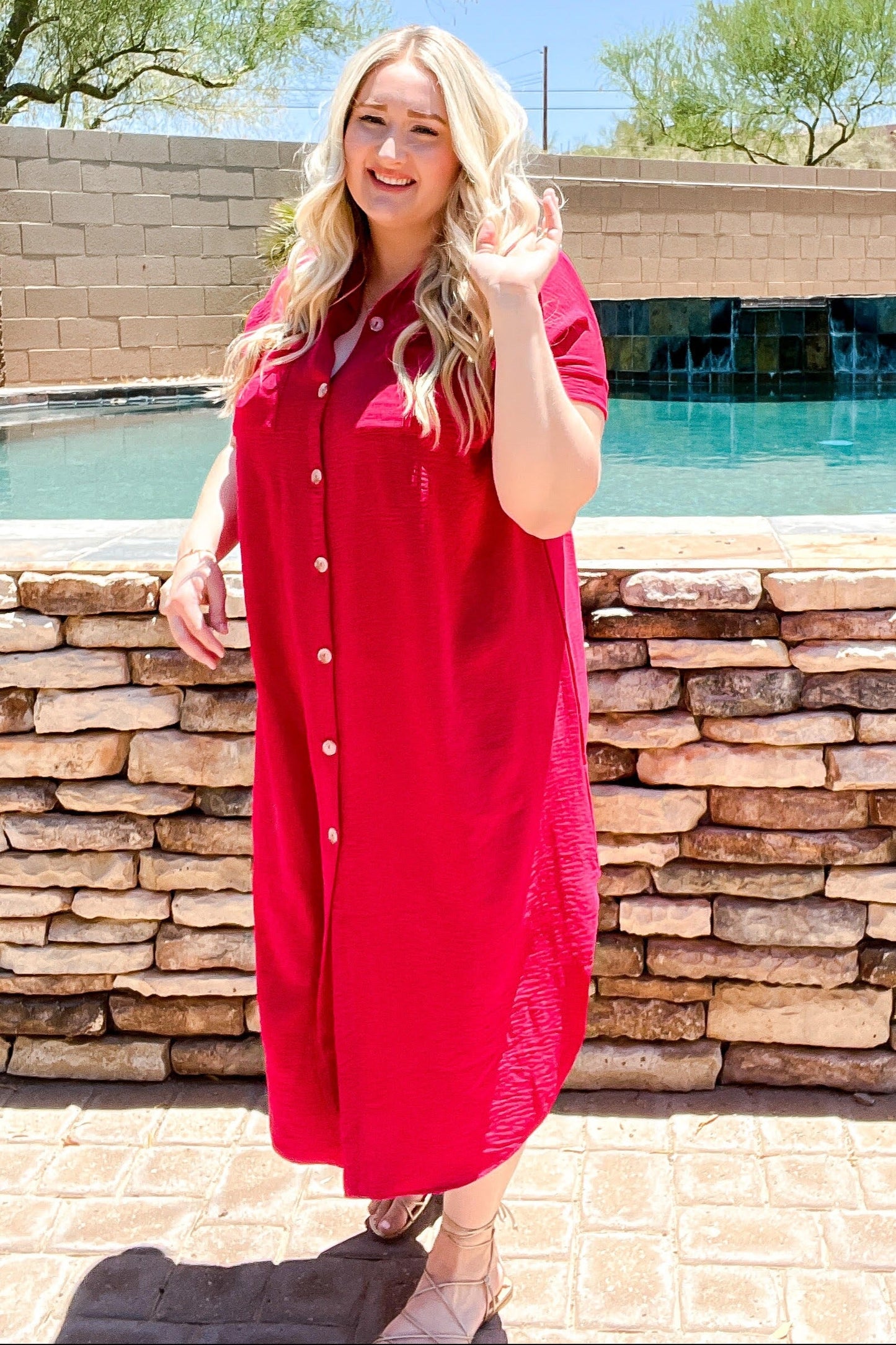 Fuchsia Button Down Hi Low Maxi Dress
