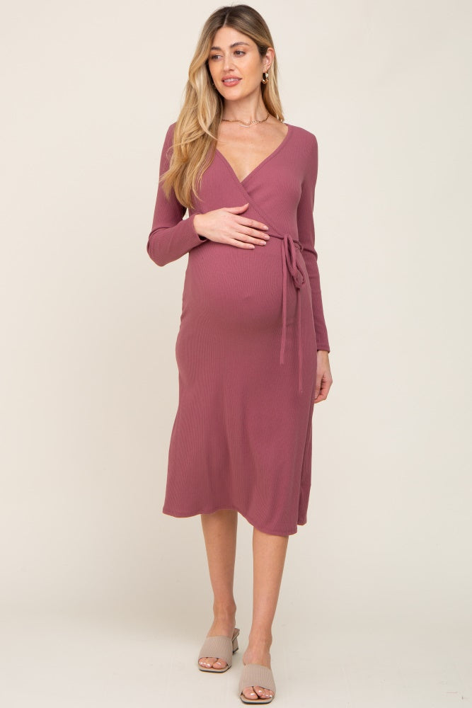 Mauve Rib Knit Long Sleeve Maternity Wrap Midi Dress