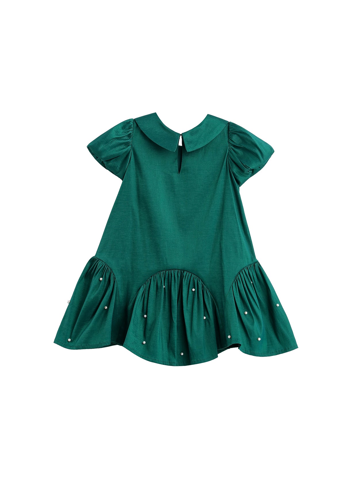 Girls Emerald Green Peter Pan Collar Christmas Dress | Pearl Holiday Party Dress
