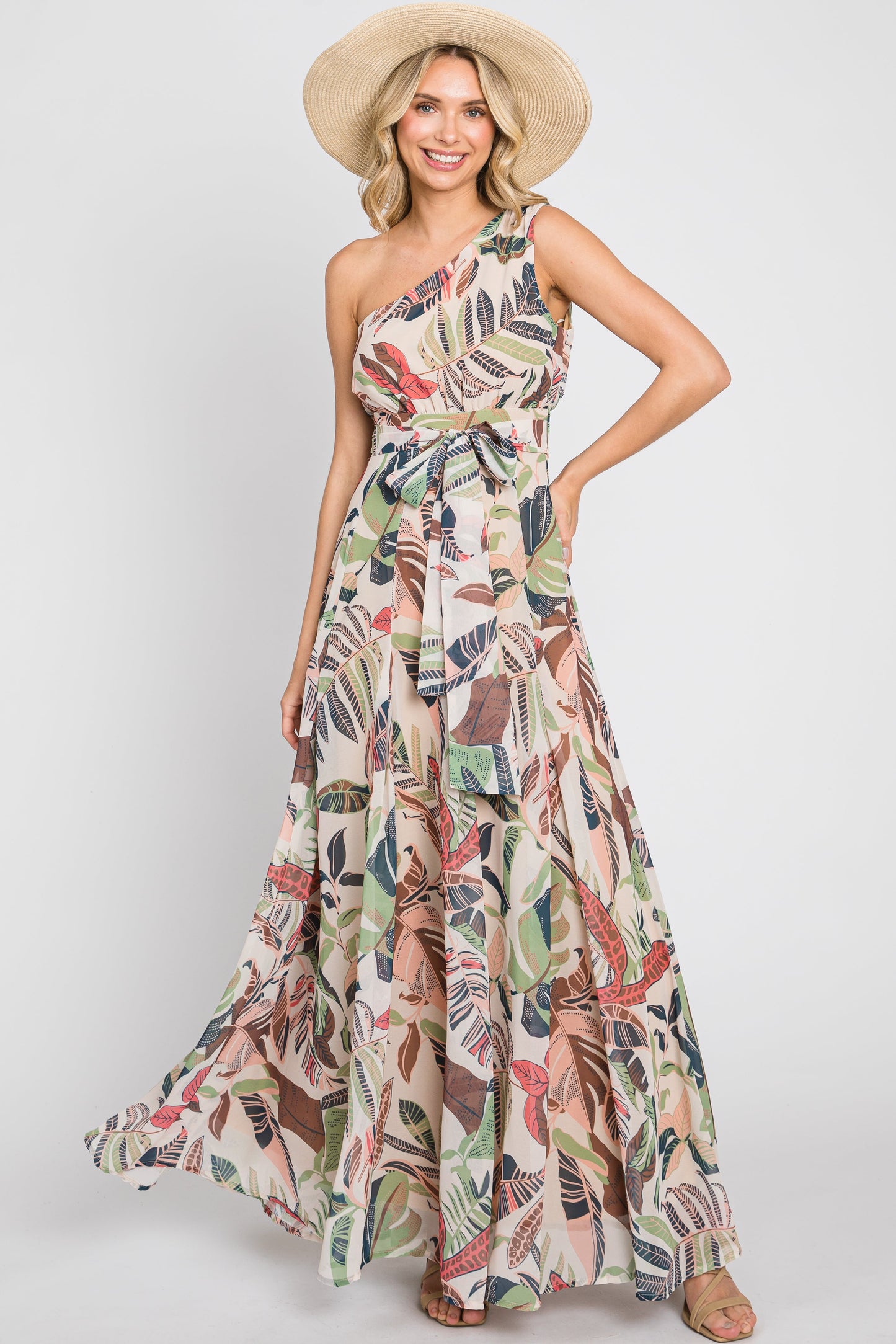 Taupe Leaf Print Chiffon One Shoulder A-Line Waist Tie Maxi Dress