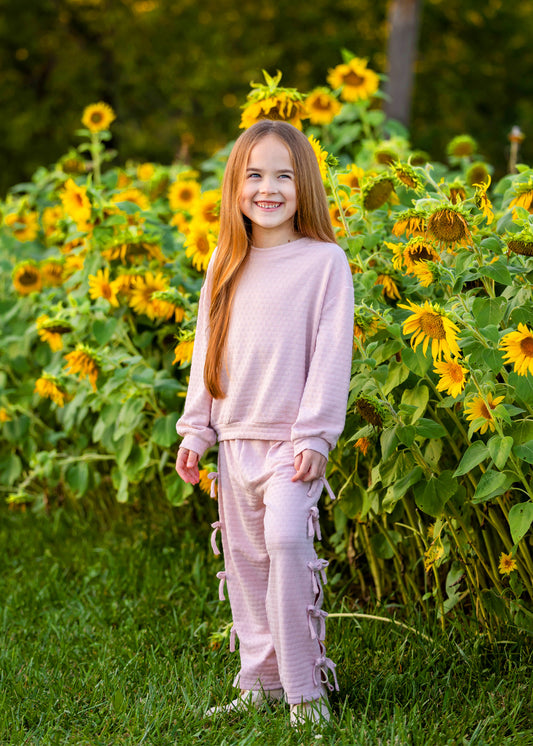 Girls Blush Pink Textured Bow Lounge Set | Toddler & Little Girls Two Piece Outfit | Fall Boutique Clothing