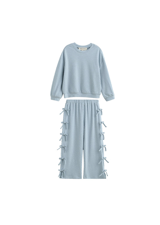 Girls Light Blue Textured Bow Lounge Set | Toddler & Little Girls Two Piece Outfit | Fall Boutique Clothing