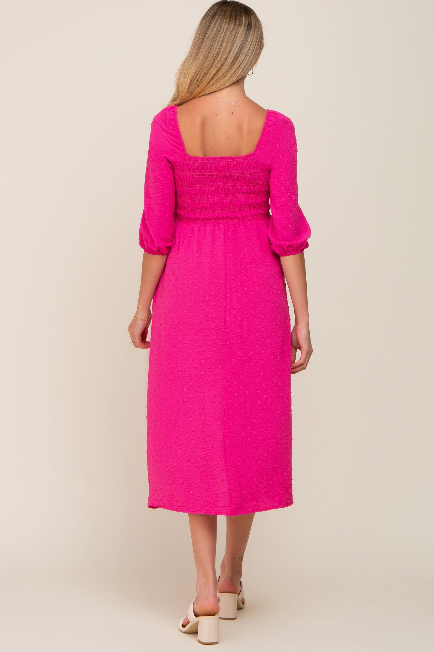 Fuchsia Swiss Dot 3/4 Sleeve Maternity Midi Dress