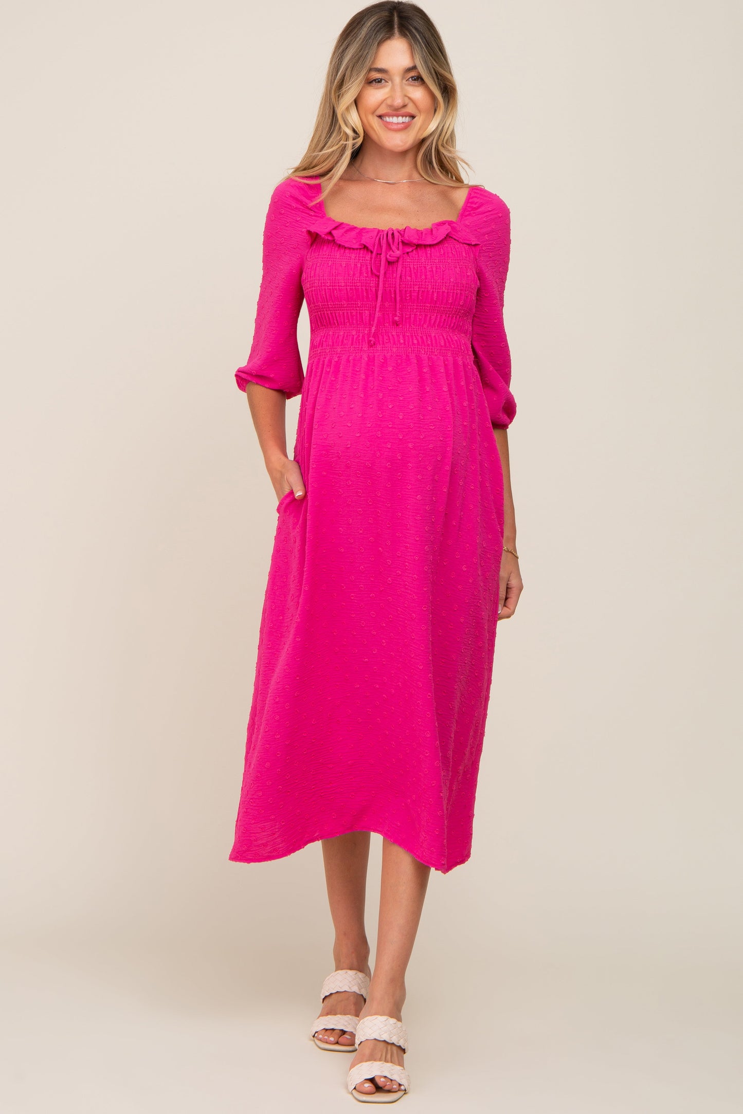 Fuchsia Swiss Dot 3/4 Sleeve Maternity Midi Dress