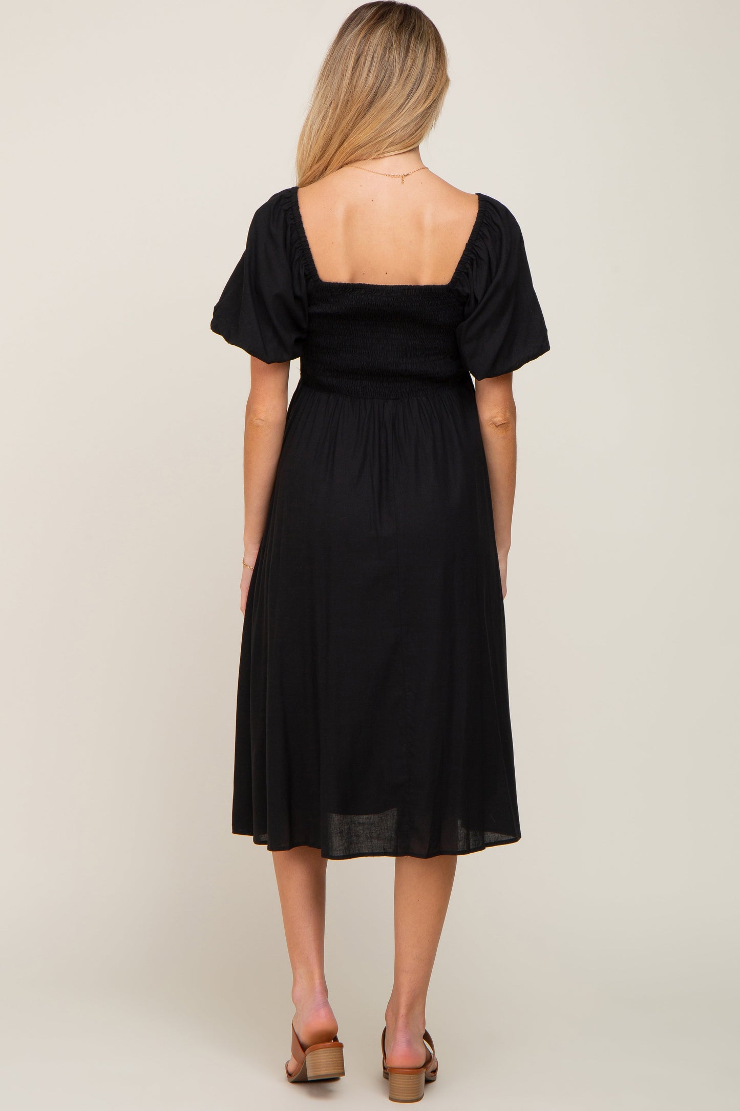 Black Smocked Puff Sleeve Maternity Midi Dress
