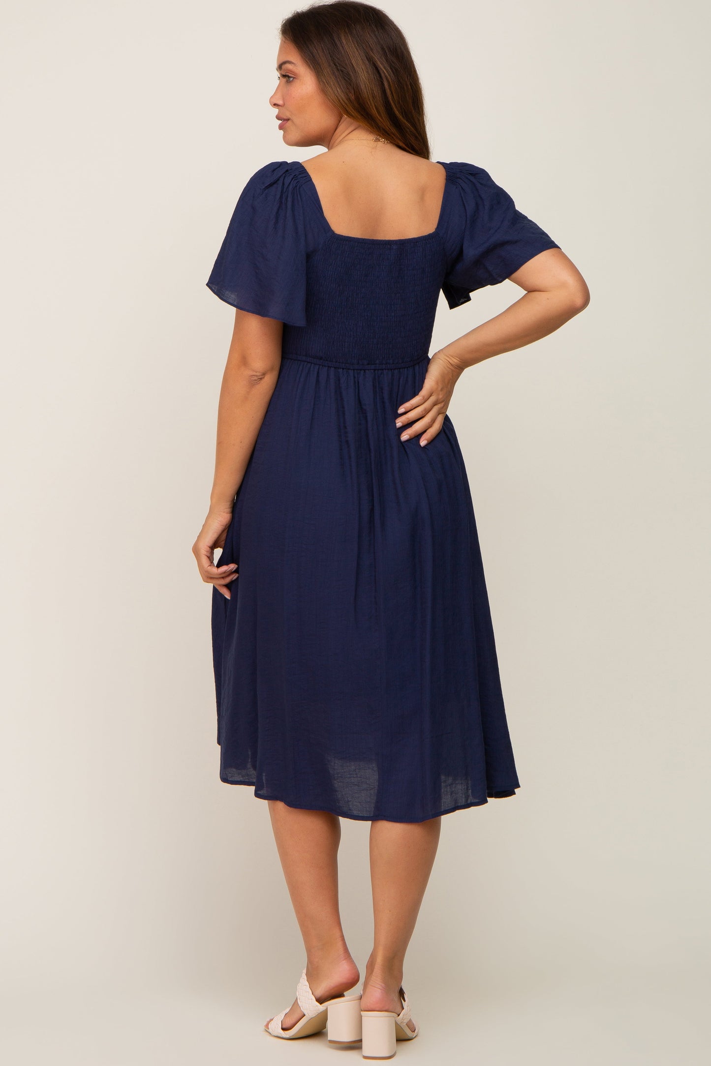 Navy Blue Smocked Square Neck Flutter Short Sleeve Maternity Midi Dress