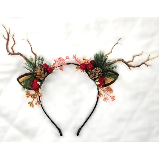 Rustic Light-Up Reindeer Antler Headband with Pinecones & Berries