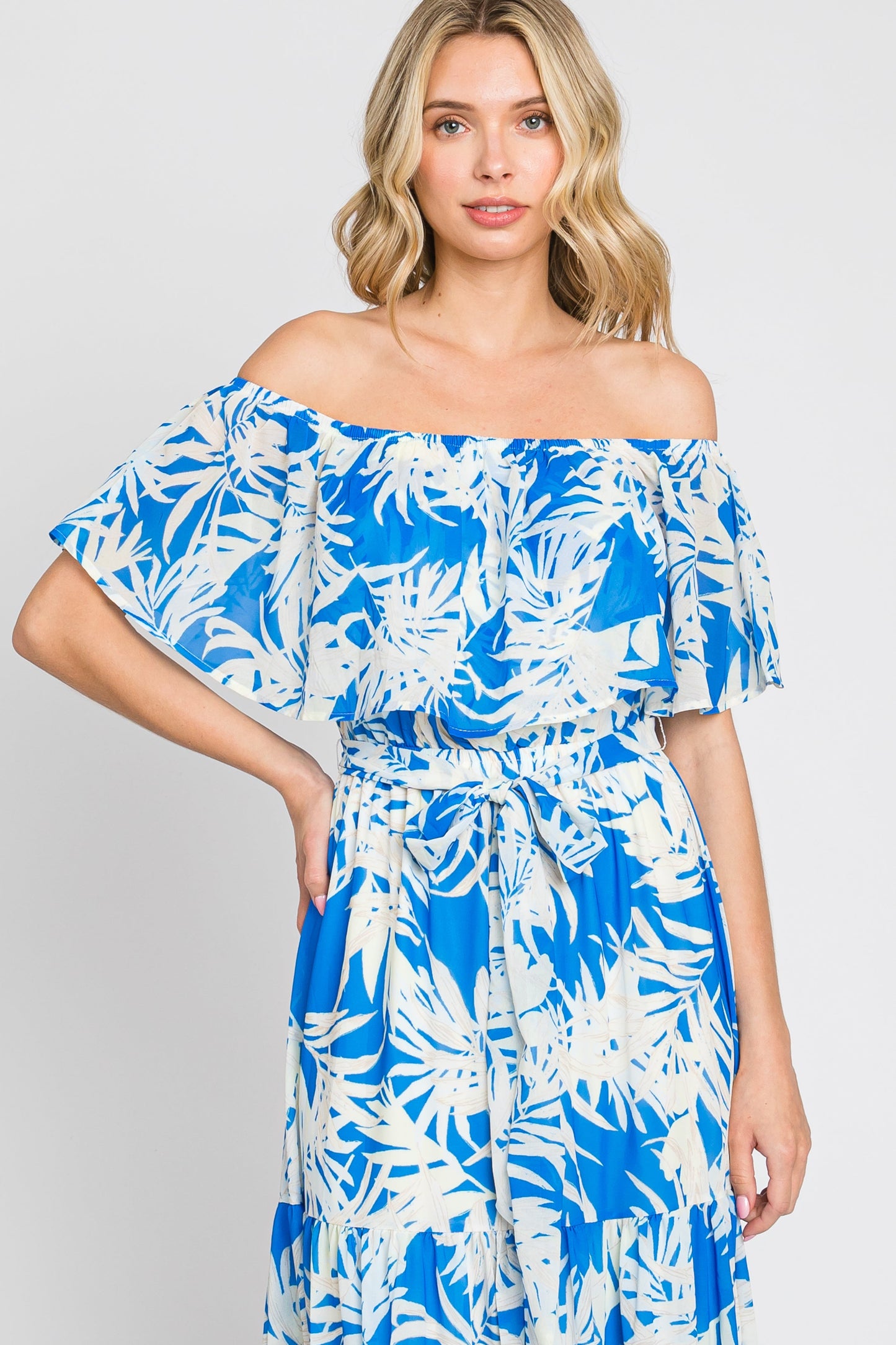 Blue Leaf Print Strapless Tiered Maxi Dress