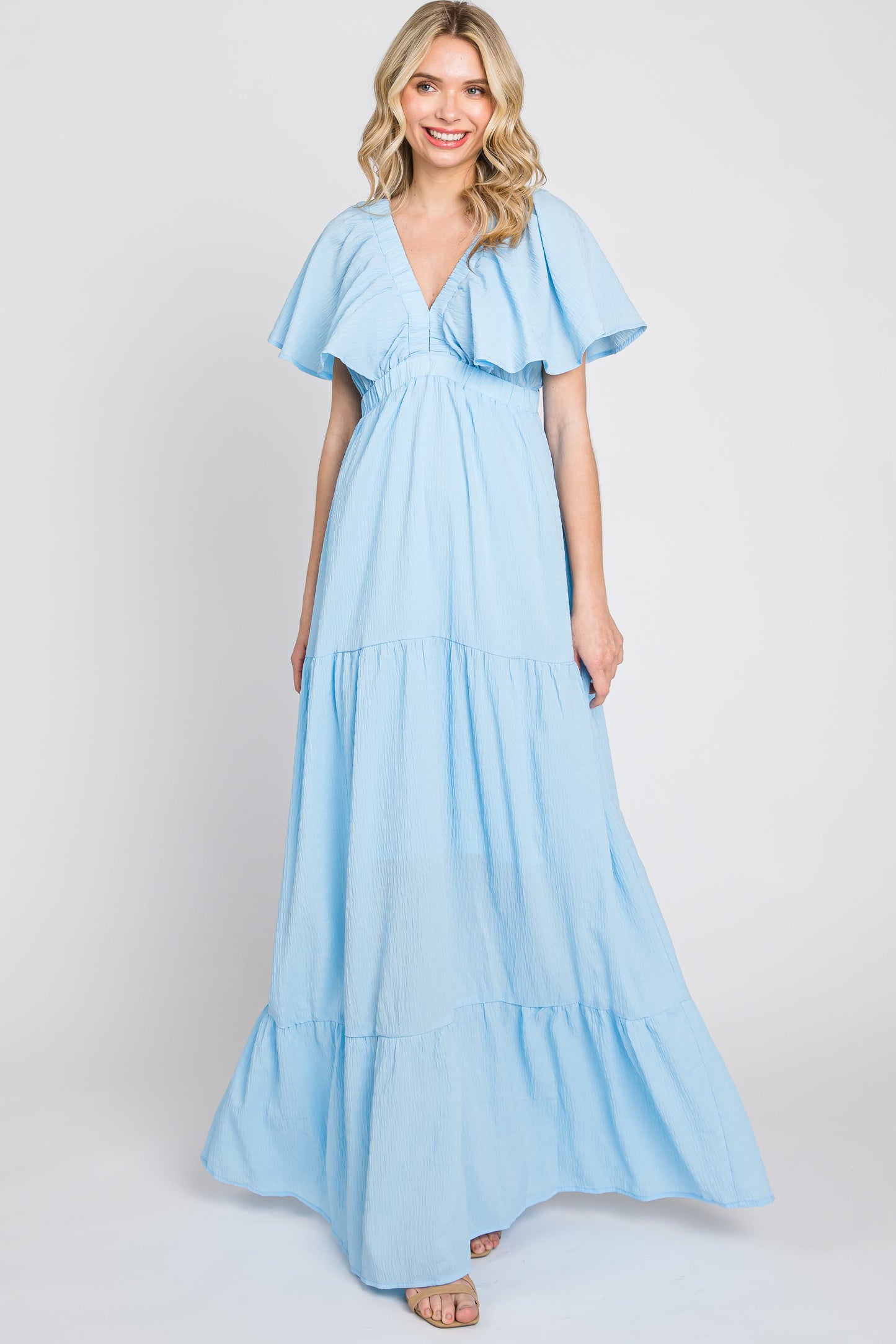 Light Blue Crepe Flounce Sleeve Tiered Maxi Dress