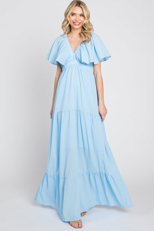 Light Blue Crepe Flounce Sleeve Tiered Maxi Dress